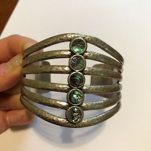 Abalone hammered metal unique vintage silver cuff
